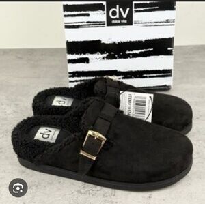 Dolce Vita Black Faux-Shearling Buckle Clogs with Gold Accent